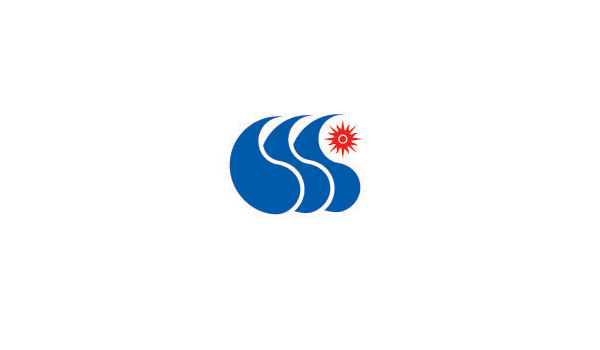 環保公司标志(zhì)設計(jì)：左邊以3個(gè)藍(lán)色水(shuǐ)滴的(de)造型依次排列與右上(shàng)角紅(hóng)色的(de)太陽圖形協調設計(jì)
